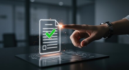 Digital Document Approval: Hologram of a Checkmark on a Virtual File