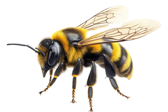 A Fuzzy Bee, Hovering in the Air, Looks Like a Tiny Flying Robot, Transparent Wings, Tiny Hairy Legs