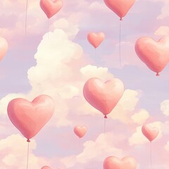 Seamless Heart Shaped Balloons Floating in a Soft Cloudy Sky Pattern
