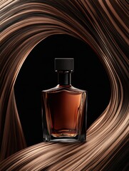 A sleek perfume bottle is set against a dark background, surrounded by flowing brown swirls, emphasizing elegance and luxury.