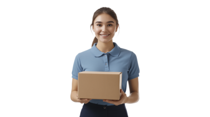 Woman holding a package and smiling looking at the camera, isolated on transparent background