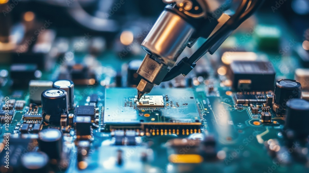Poster a factory robotic arm assembling electronic circuit boards with precision automation