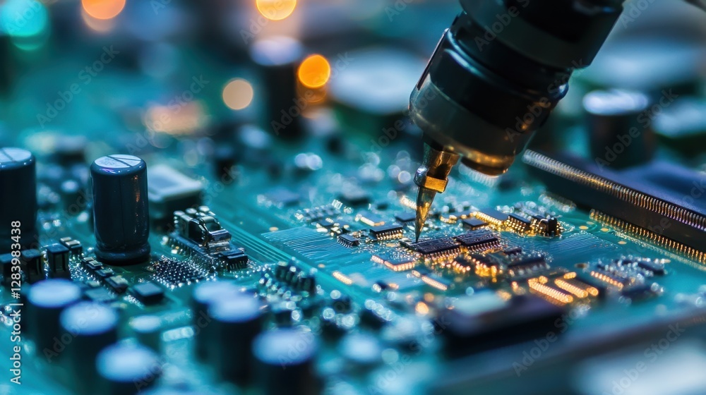 Poster a factory robotic arm assembling electronic circuit boards with precision automation