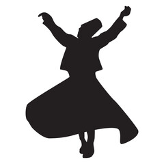 Peaceful sufi dancer dancing calmy isolated over white background editable vector graphic for design purposes.Sufi master dancing in ecstasy silhouette with hands wide spread and spinning.Eps10