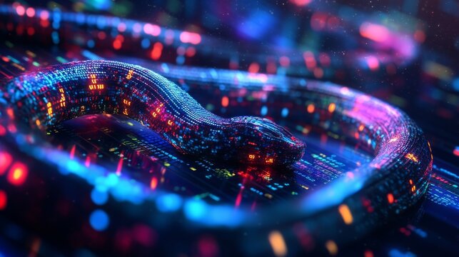 Python programming language is shown in 3D illustration. It's a collection of common words and phrases used in the Python programming language. 