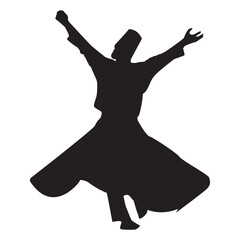 Peaceful sufi dancer dancing calmy isolated over white background editable vector graphic for design purposes.Sufi master dancing in ecstasy silhouette with hands wide spread and spinning.Eps10