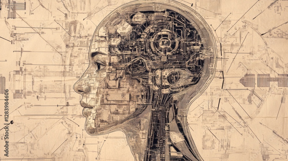 Poster Human head outline filled with mechanisms that represent artificial intelligence concepts and systems. Generative AI