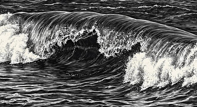 Dramatic Ocean Wave with Swirling Foam, Showcasing the Power and Beauty of the Sea, Black and White Sketch Engraving, Scratch Board Imitation, Raster Illustration