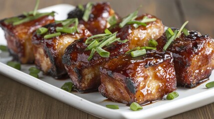 Artful pork pieces draped in a waterfall of rich sauce, no distractions --chaos 20 --ar 16:9 --quality 2 --v 6.1 Job ID: 3c605c6c-6d16-4a0a-a837-46bef5c03823