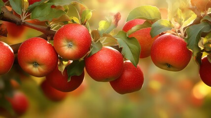 Obraz premium Ripe Red Apples on a Branch in Warm Sunlight