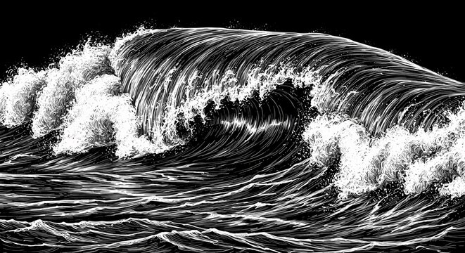 Dramatic Ocean Wave with Swirling Foam, Showcasing the Power and Beauty of the Sea, Black and White Sketch Engraving, Scratch Board Imitation, Raster Illustration