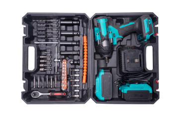 Cordless impact wrench and drill kit with accessories in case on transparent background