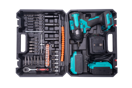 Cordless impact wrench and drill kit with accessories in case on transparent background