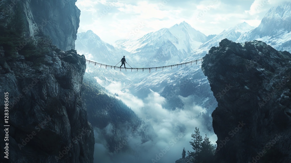 Aufkleber a man is crossing a rope bridge hanging between two mountains. this is a computer-generated image.