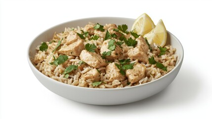 Chicken Biryani garnished with fresh coriander and lemon wedges, no background. 