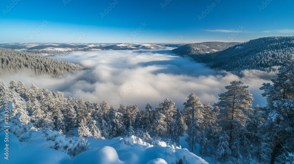 Poster high above, the vast expanse reveals rolling hills and snow-laden trees emerging through a soft laye