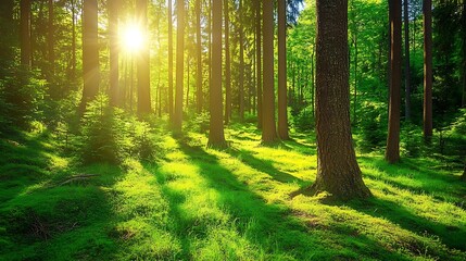 Sun shining through the trees in a lush green forest
