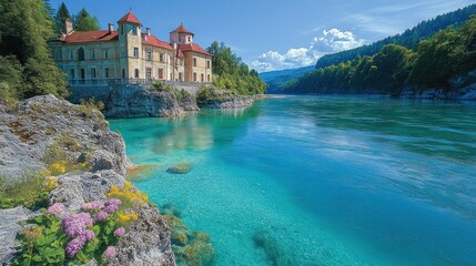 Fototapeta premium Picturesque castle on a clear river, surrounded by lush greenery and rocky shores.