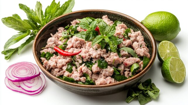 Delicious larb with minced pork, herbs, and lime, plain white background 