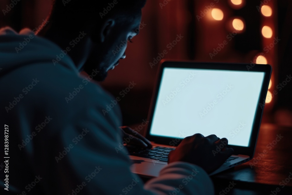 Poster close-up image of a man working on laptop computer at a table, typing on the laptop keyboard. the la