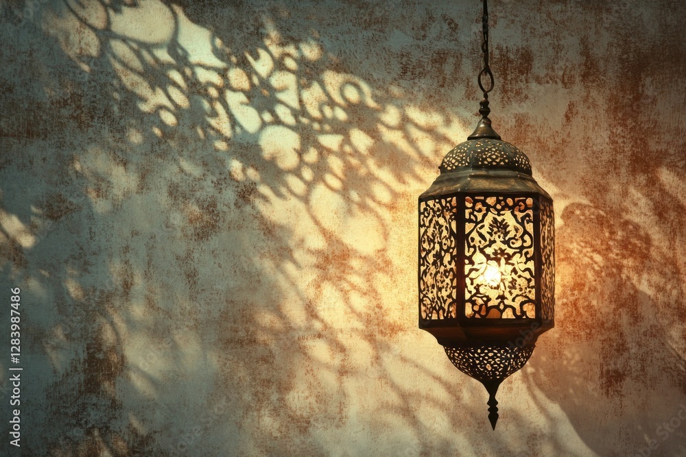 Poster an intricately designed lantern casts mesmerizing arabesque shadows on a textured wall at sunset. th