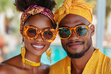 Beautiful african couple at beach spending quality time together during summer holidays wearing traditional headwrap ai generated 