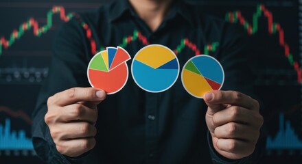 Financial Analysis: Man Holding Pie Charts Against Stock Market Graph