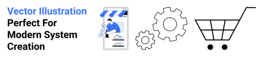 Mobile storefront with person, gears, and shopping cart showcasing system design, development, e-commerce, teamwork, online shopping, software solutions, flat landing page banner