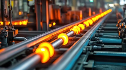 A long row of glowing steel rods being processed in a rolling mill