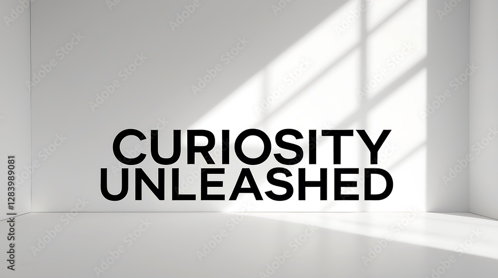 Poster curiosity unleashed in a minimalistic space with shadows and bold typography