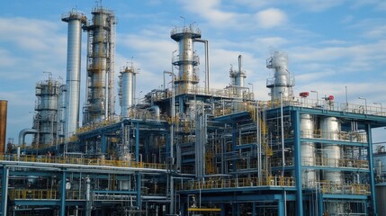 A massive chemical processing facility with safety warning signs