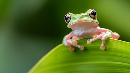 Photograph of a green tree frog sitting on a leaf
