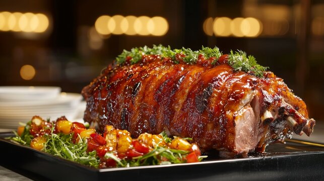 Gourmet pork waterfall display, highlighting the mouth-watering appeal and sauce drip effect 