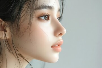 Side profile of an Asian woman, delicate features, dewy skin reflecting soft light, beauty photography with elegant composition
