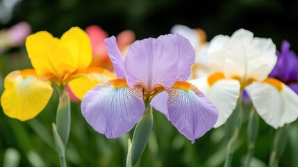 Colorful irises in a garden bed