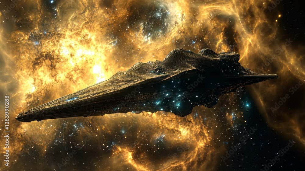 Poster exploring an alien fractal spacecraft gliding through a vibrant nebula in deep space, alien fractal 