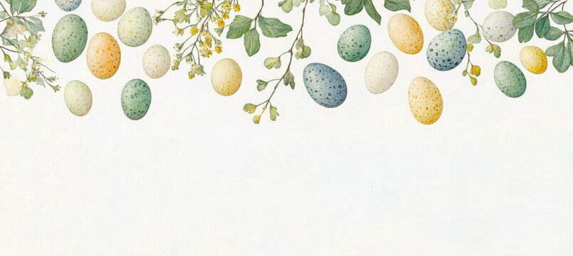 Flat lay featuring hand-painted  soft pastel eggs, surrounded by dried flowers, vintage French-style photography with soft focus edges, subtle grain. Spring theme, empty space for text, banner