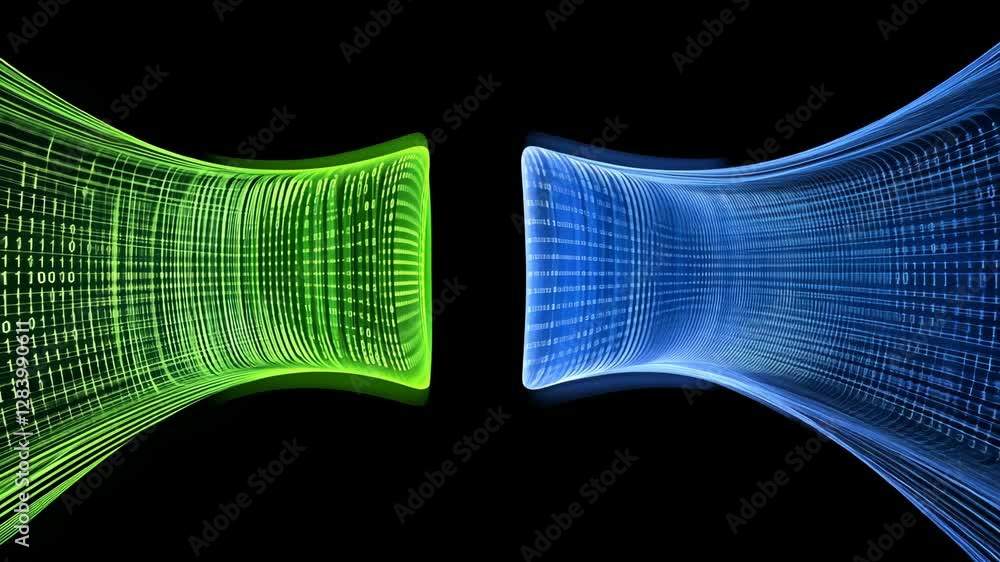 Poster digital tunnel showcasing binary data transfer in vibrant green and blue colors against a black back