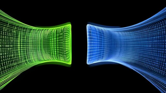 Digital tunnel showcasing binary data transfer in vibrant green and blue colors against a black background