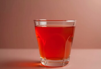 Red cocktail with ice cubes and lemon slice standing on white cube, casting tropical palm leaf shadow on white background
