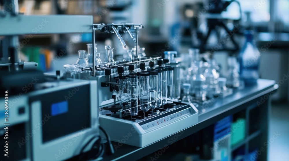 Poster a modern chemical engineering lab with precision measuring instruments
