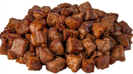 Obraz premium Juicy pork pieces draped in a waterfall of savory sauce, isolated on a white background 