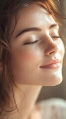 Fototapeta premium Close-up of a woman with perfect skin, natural light reflecting off her face, soft-focus effect creating a dreamy and fresh look