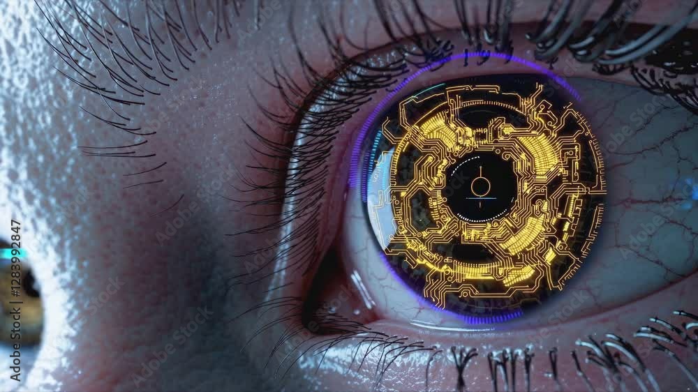 Poster Bionic interface overlays digital patterns on human eye. Evolving circuit designs merge biological and electronic elements in medical visualization. Static macro closeup.
