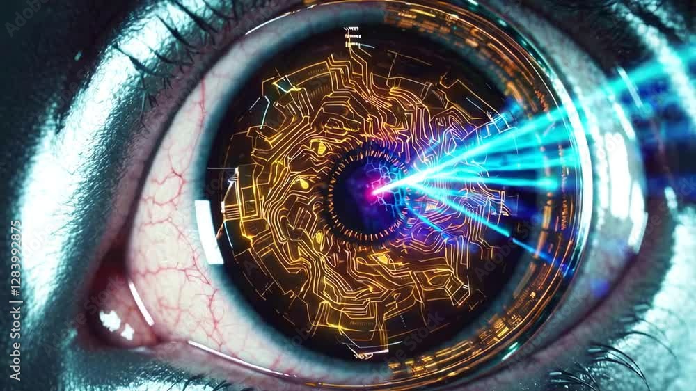 Poster bionic iris radiates holographic circuitry. human eye transformed by golden neural patterns and pier