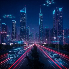 Fototapeta premium A futuristic smart city at night, illuminated by neon lights, with autonomous vehicles and drones flying above high-tech skyscrapers.