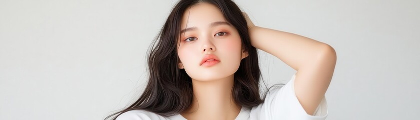 Fototapeta premium An Asian woman is captured in a minimalist white outfit, with a serene expression, glowing skin, and luxurious beauty photography under soft and radiant lighting.