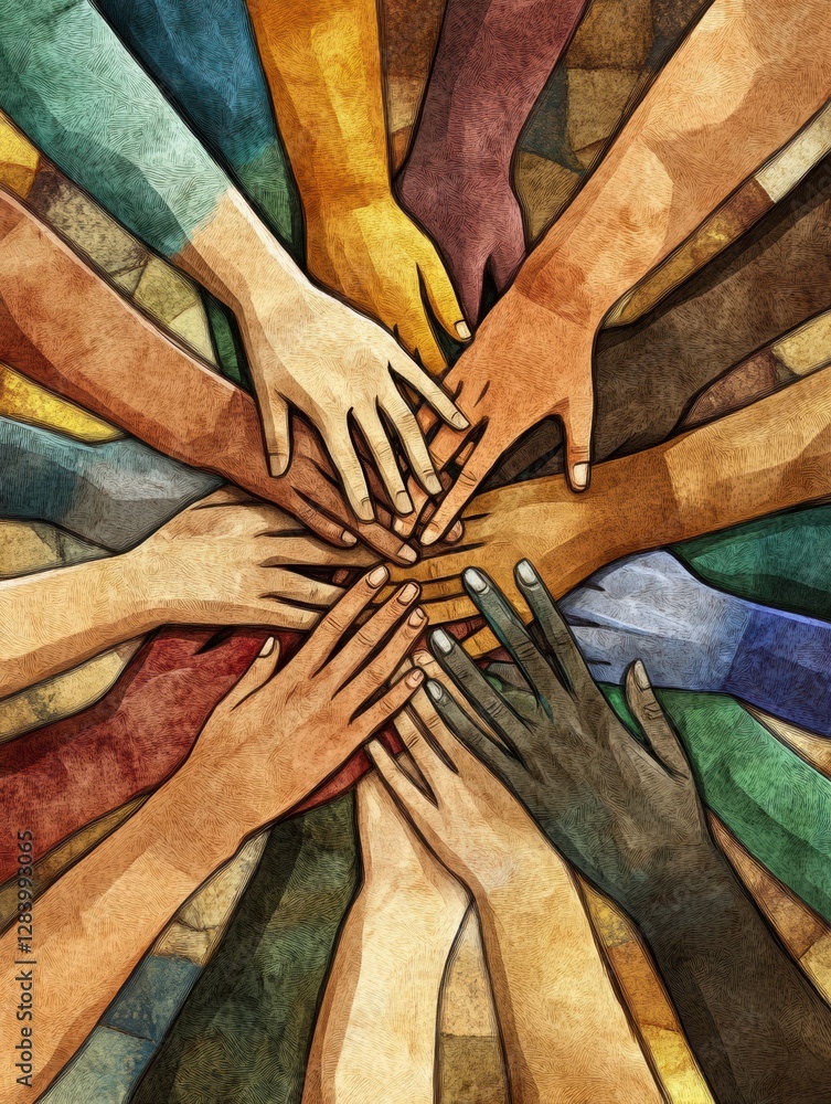 Aufkleber Interconnected hands symbolize unity and support among diverse communities during a collaborative effort. Generative AI