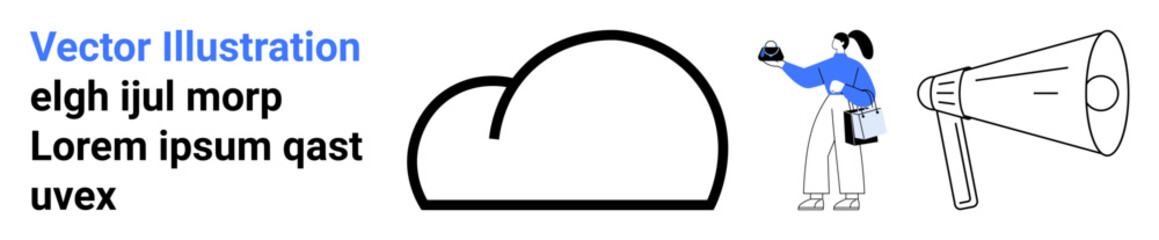 Cloud shape beside a person holding a cup with a megaphone on the side. Ideal for cloud technology, networking, communication, announcements, teamwork, collaboration, flat landing page banner