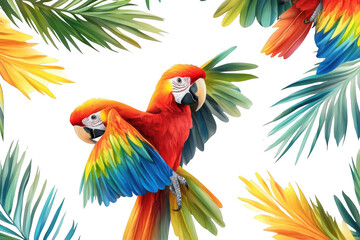 Obraz premium Two Colorful Parrots with Transparent Wings Surrounded by Lush Green Leaves